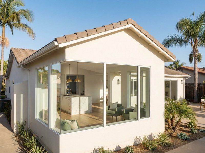 Room addition design concept blending into an existing home