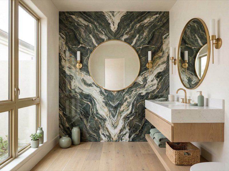 Family bathroom design concept with double vanity and durable tile