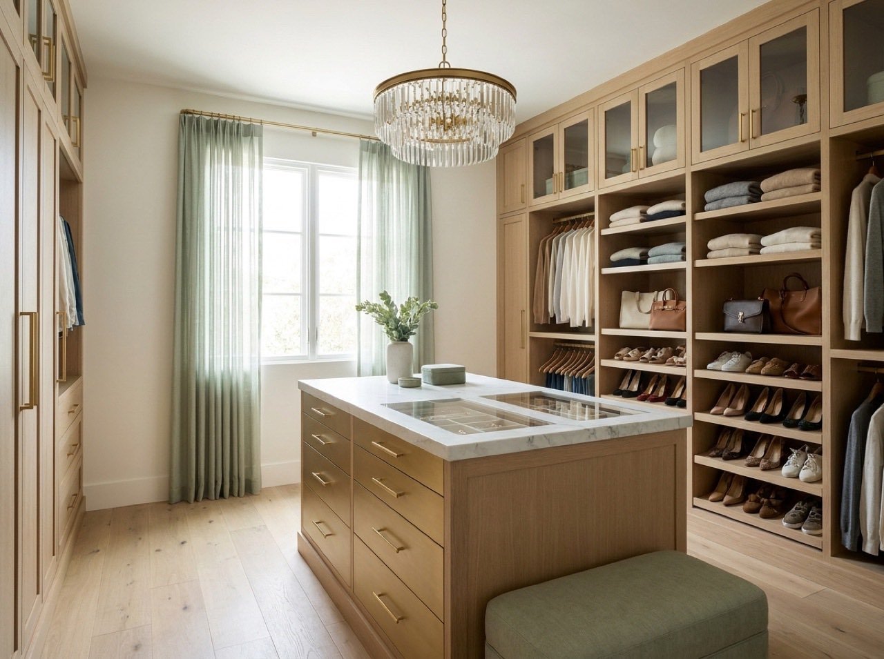 Custom walk-in closet design concept with built-in wardrobe cabinetry and warm lighting