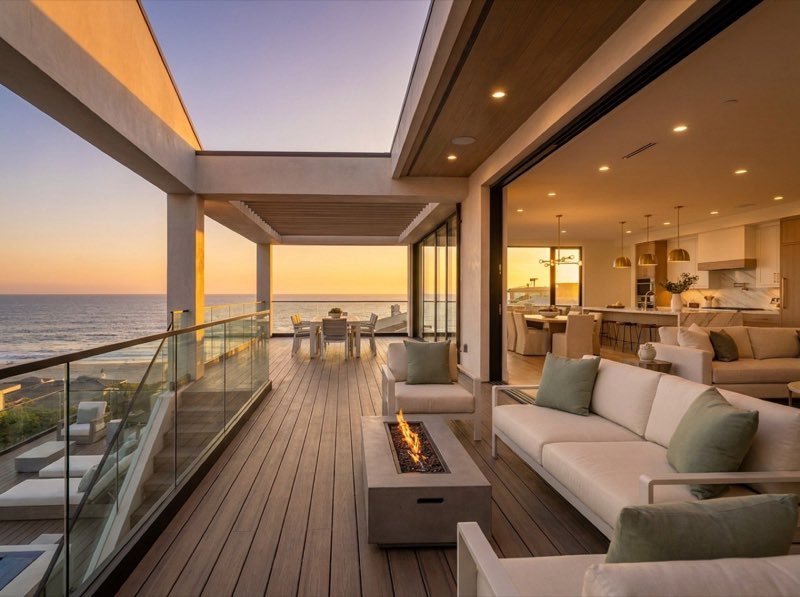 Backyard deck design concept with built-in seating