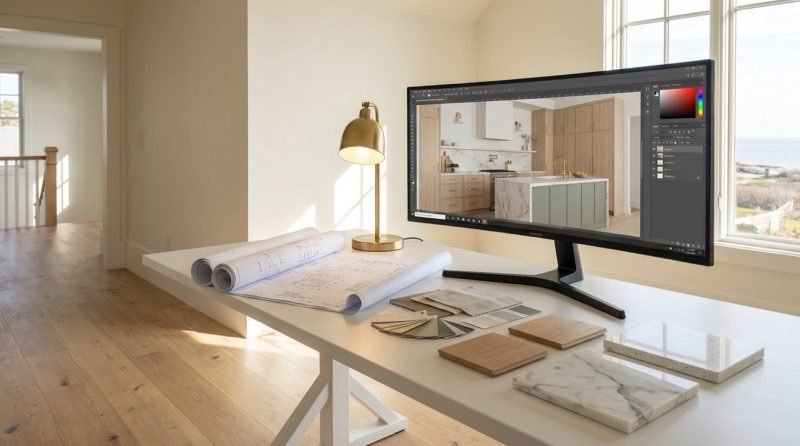 3D design rendering of a kitchen remodel beside material samples