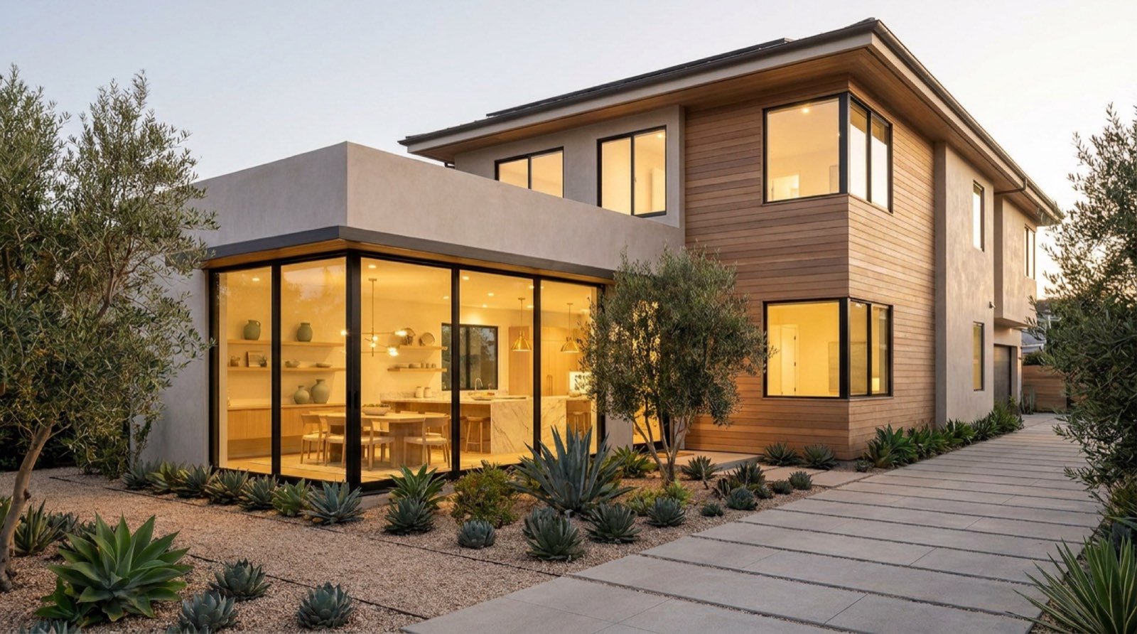 Elegant estate home exterior design concept with warm evening light and mature landscaping