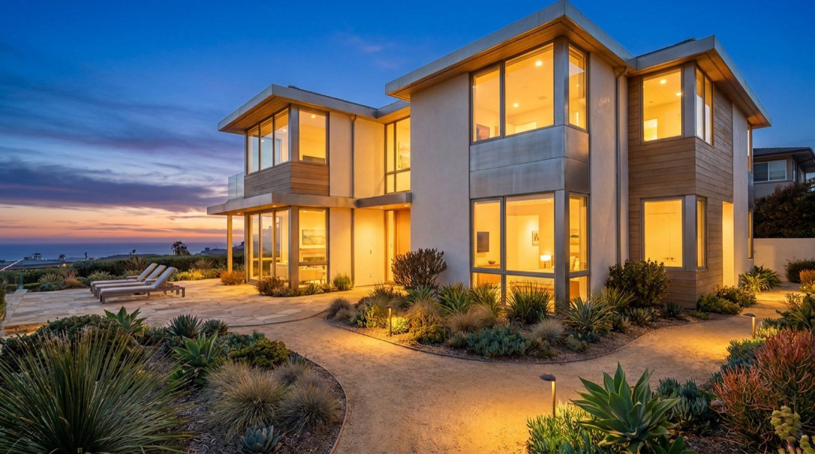Family home exterior design concept with board-and-batten siding and landscaped entry