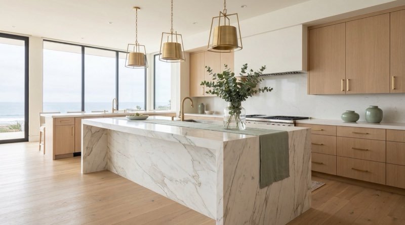Luxury kitchen design concept with warm wood cabinetry and natural light