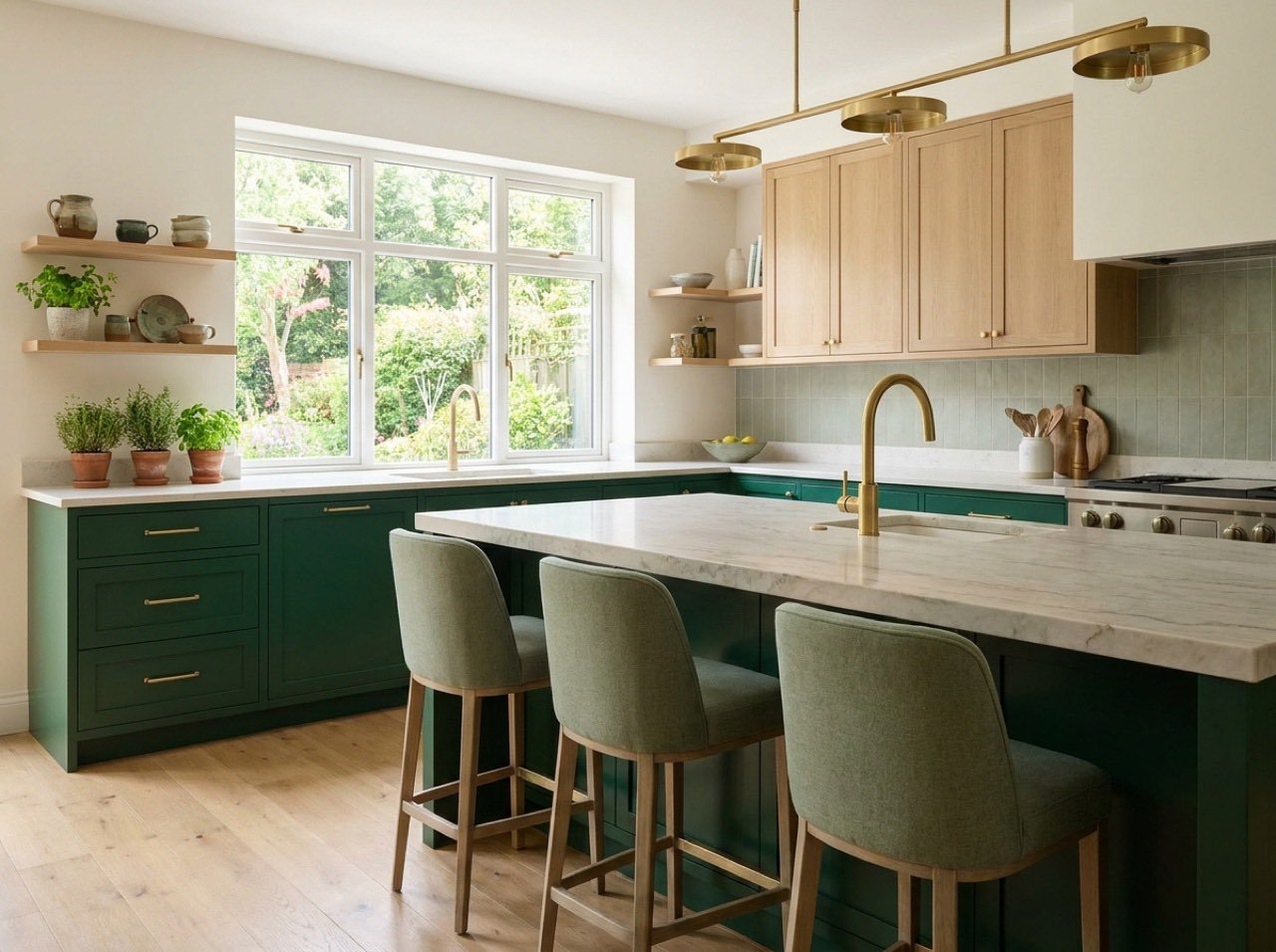 Luxury kitchen remodel design concept with stone island and warm wood cabinetry