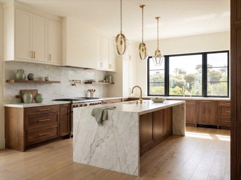 Kitchen design concept with natural wood and stone