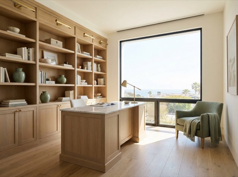 Home office design concept with built-in shelving and natural light