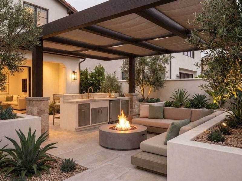 Outdoor living space design concept with covered patio