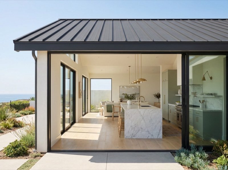 Standing-seam metal roof design concept on a modern coastal home