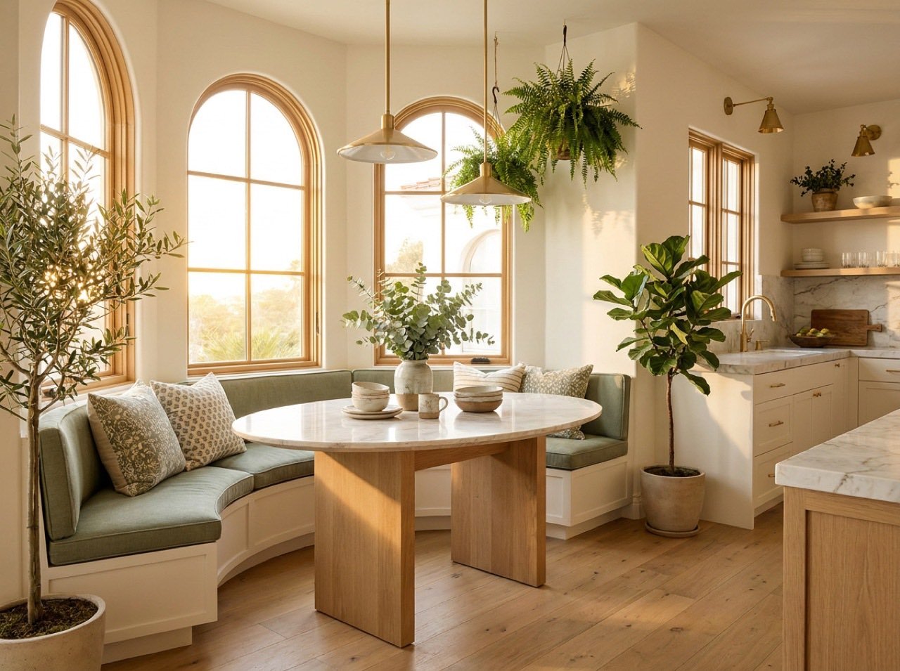 Sunroom design concept with classic millwork, wicker seating, and garden light